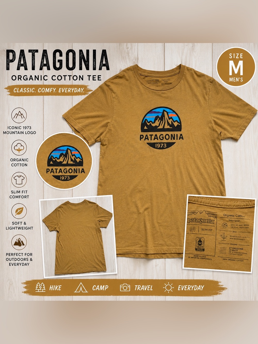 Patagonia Organic Cotton Graphic Tee Mustard Brown Mountain Logo Shirt Medium